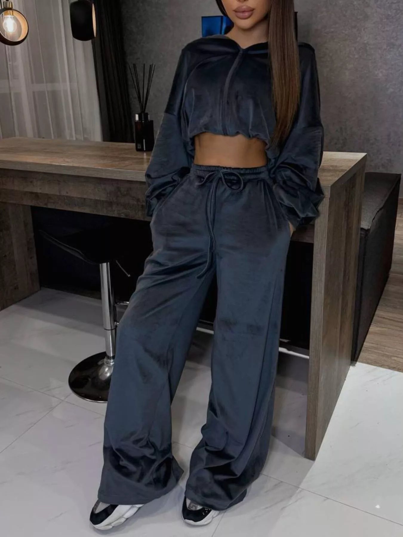 Zip Up Cropped Outerwear and Pants Set - -