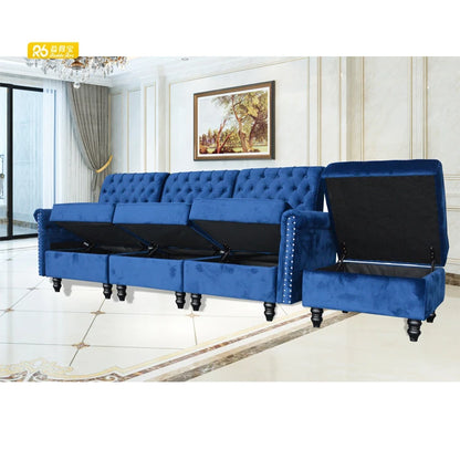 Modern Blue Velvet Chesterfield Sofa 3 Seat With Stool