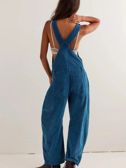 Corduroy Wide-Leg Overall with Adjustable Straps - -