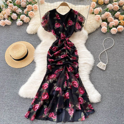 Floral Mermaid Maxi Dress Chiffon Short Sleeve Long Dress