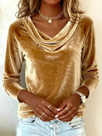 Velvet Cowl Neck Long Sleeve Shirt - Gold - Tops/Blouses & Shirts