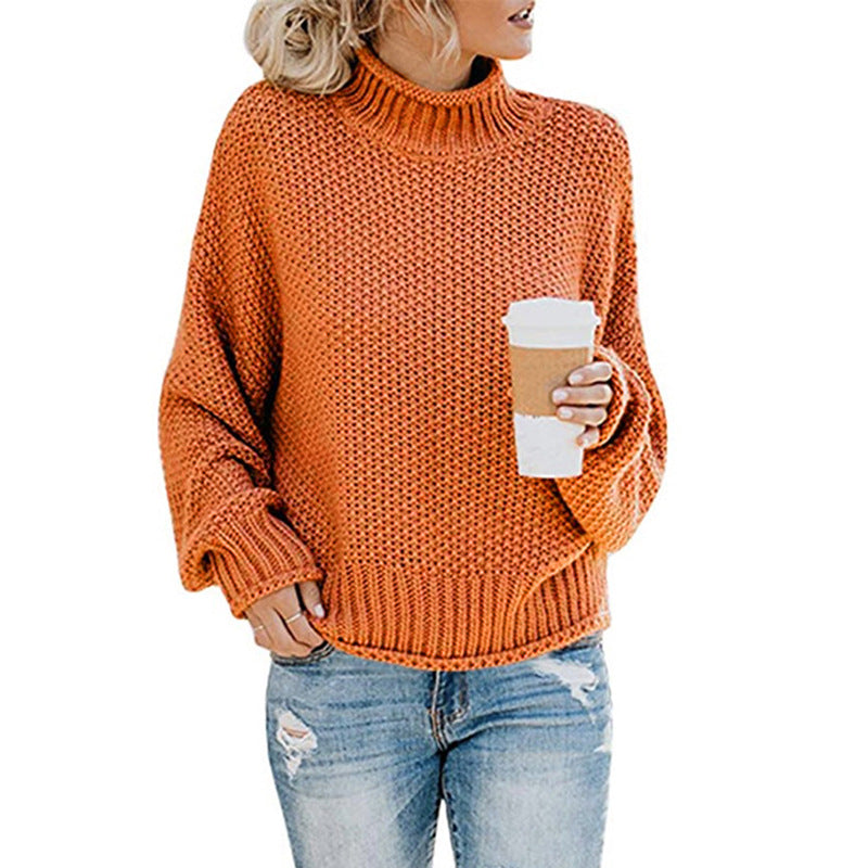 New Knitted Sweater Women's Thick Thread High Neck Pullover Sweater