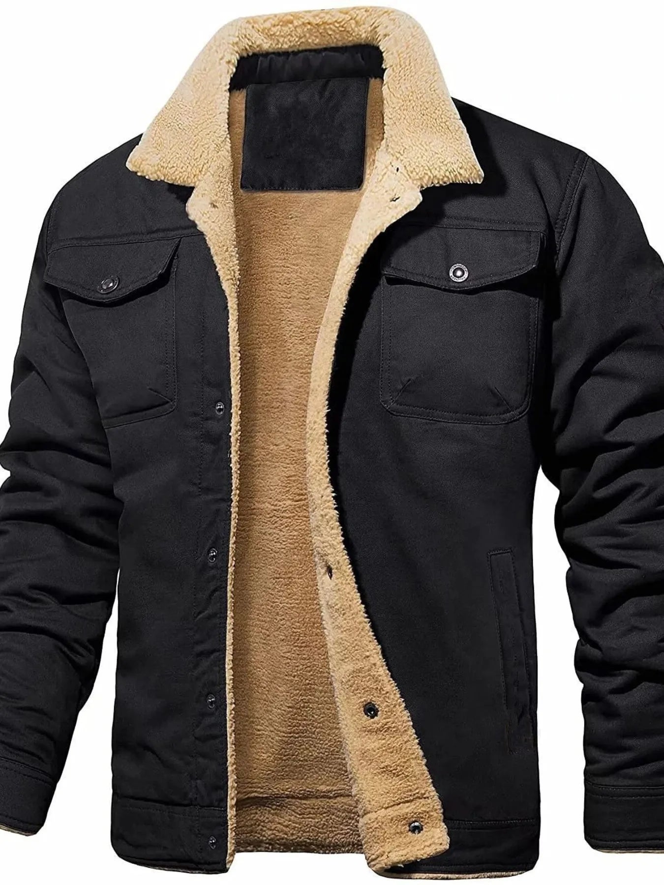 Men's Full Size Sherpa Lined Long Sleeve Jacket Plus Size - Black -
