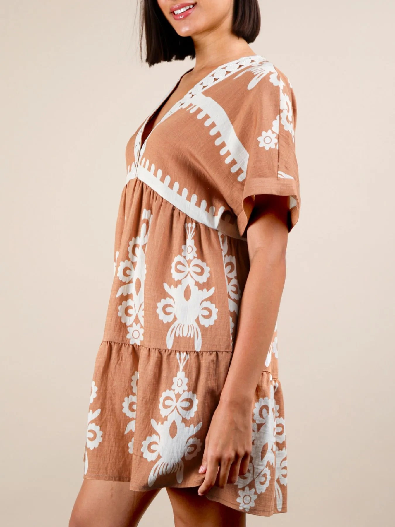 Printed V-Neck Short Sleeve Mini Dress - -