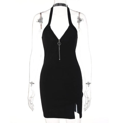 Sleek Zipper Halter Evening Dress - Black S - dress