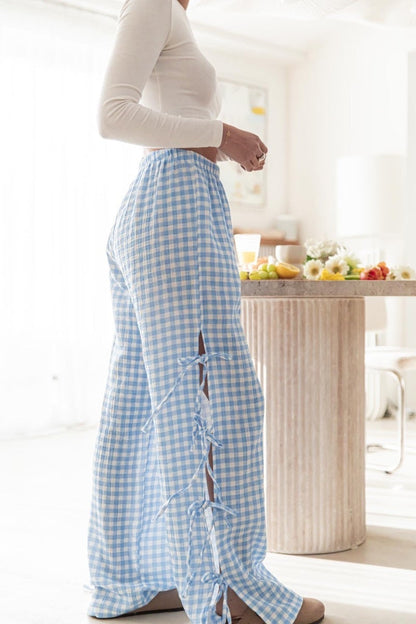 Loose Side Lace-up Casual Pants - Blue Plaid - pants