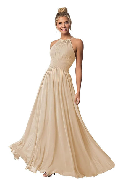 Champagne Chiffon Halter Plus Size Gown - - dress
