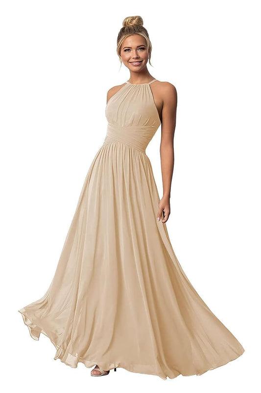 Champagne Chiffon Halter Plus Size Gown - - dress