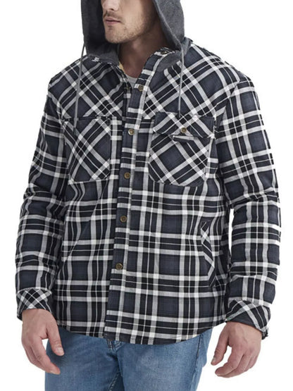 Men's Snap Down Plaid Flannel Hooded Jacket - -