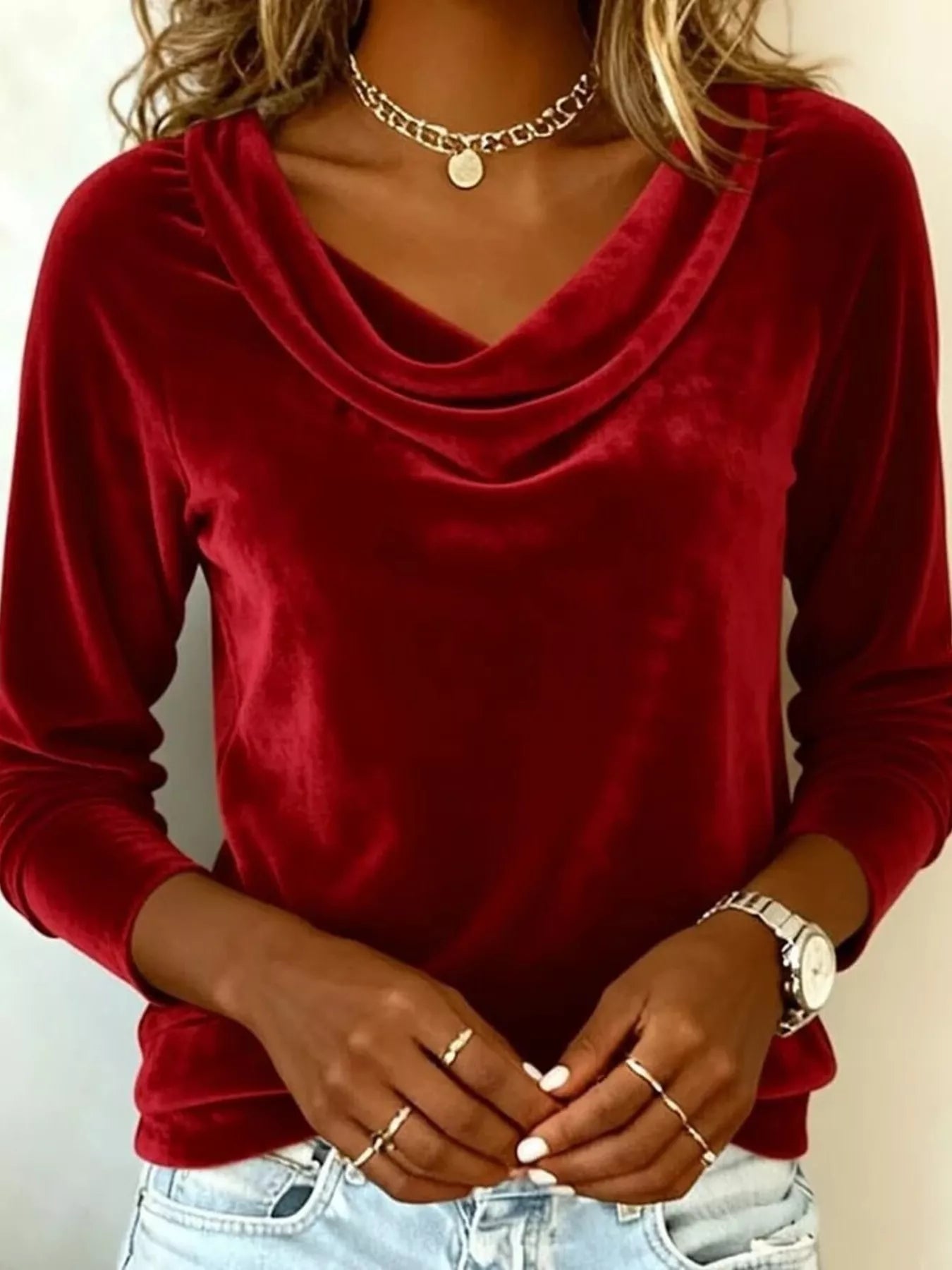 Velvet Cowl Neck Long Sleeve Shirt - - Tops/Blouses & Shirts
