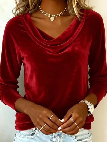 Velvet Cowl Neck Long Sleeve Shirt - - Tops/Blouses & Shirts
