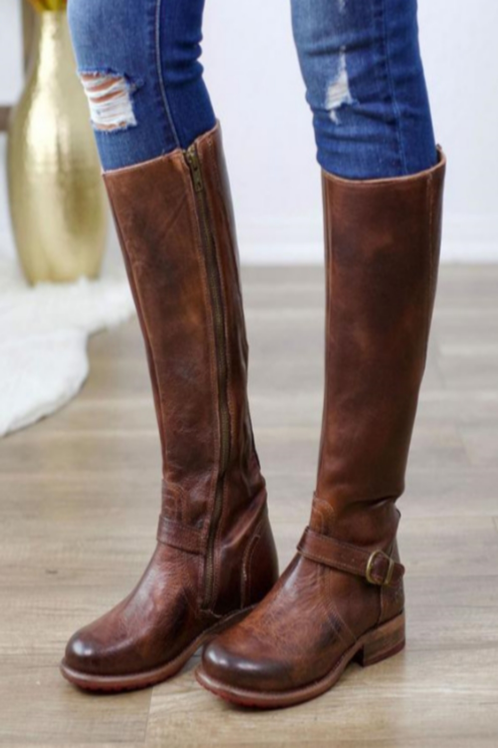Mid-Calf High Knight Buckle Boots - Dark Brown 39 - heeled boots