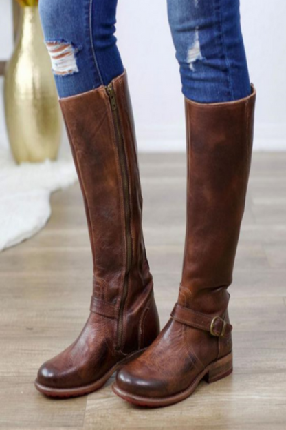 Mid-Calf High Knight Buckle Boots - Dark Brown 39 - heeled boots