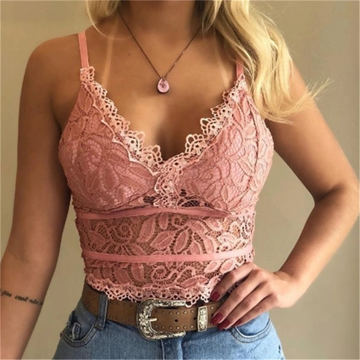 Women's Lace Floral Cami Top Plunge Crop Top Adjustible Straps