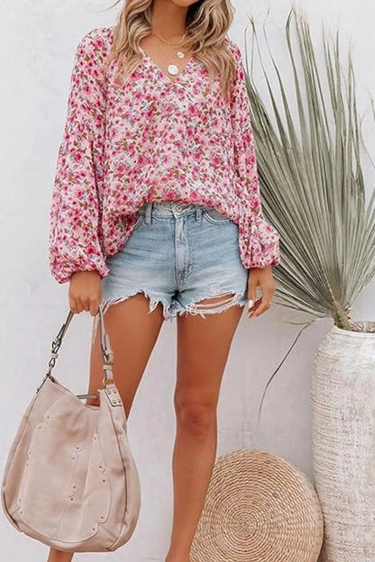 Printed Notched Long Sleeve Blouse - -