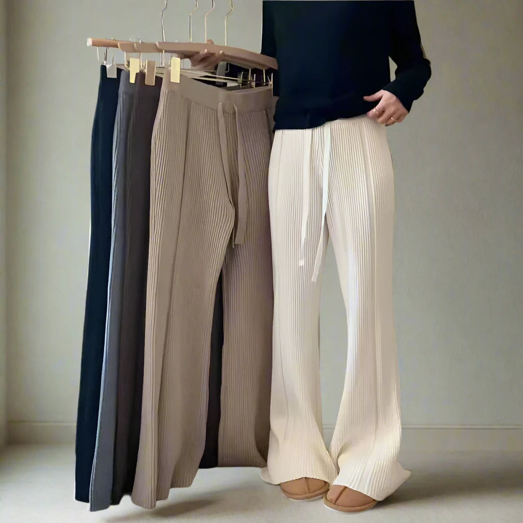 Ladies High Waist With Solid Color Loose Lace-Up Casual Knit Pants