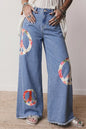 Floral Peace Sign Wide Leg Jeans - Medium -