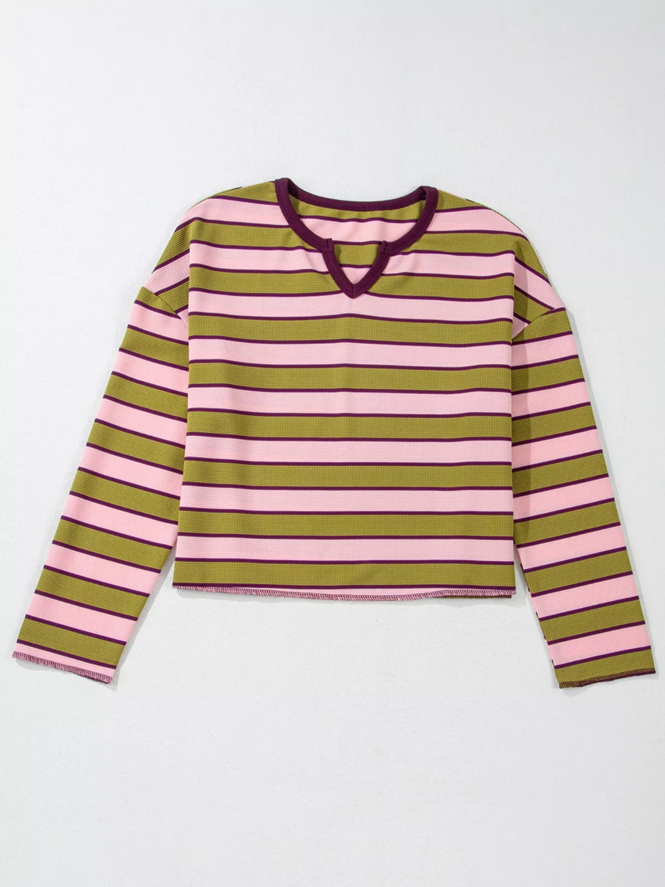 Stripes Waffle Texture Notched Neck Long Sleeve Top - -