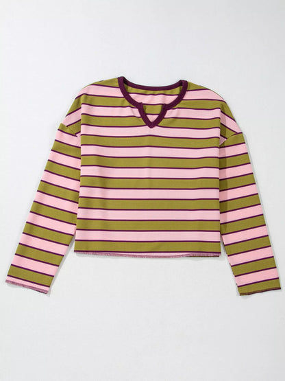 Stripes Waffle Texture Notched Neck Long Sleeve Top - -