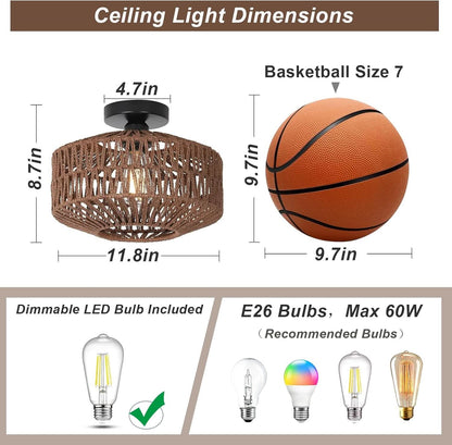 Dark Brown Hand Woven Rattan Ceiling Light With Dimmable LED - -