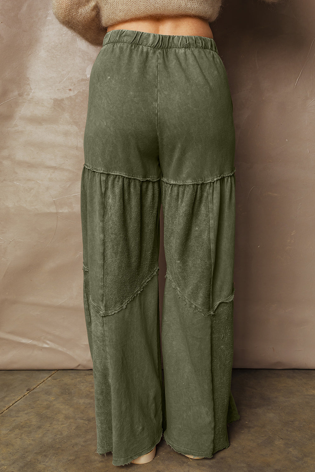 Vineyard Green Mineral Wash Tiered Wide Leg Patchwork Drawstring Pants - - Bottoms/Pants & Culotte