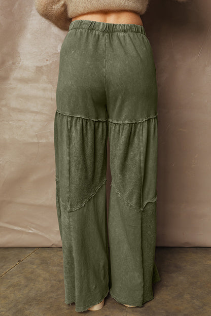 Vineyard Green Mineral Wash Tiered Wide Leg Patchwork Drawstring Pants - - Bottoms/Pants & Culotte
