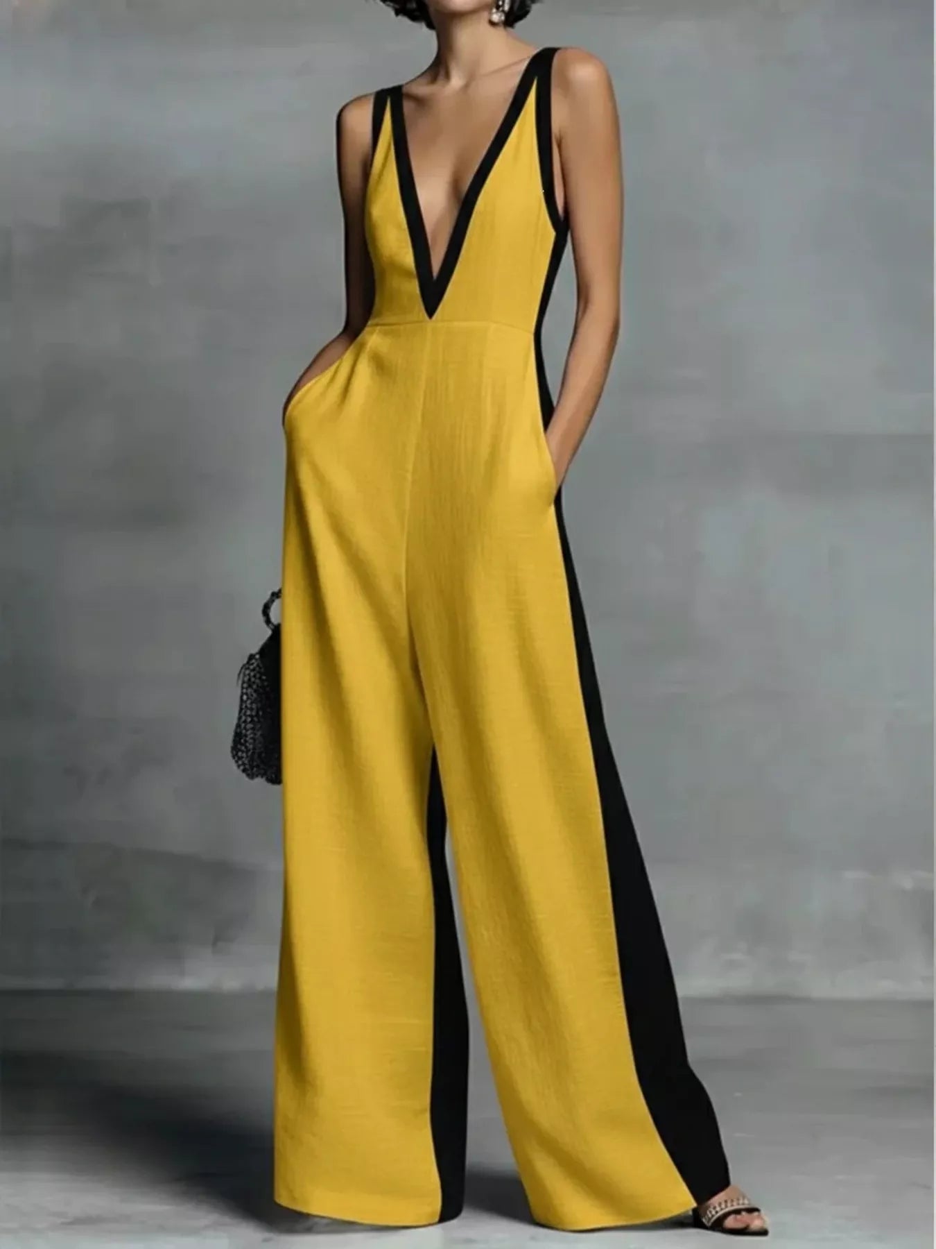 Deep V-Neck Wide-Leg Jumpsuit - Yellow -