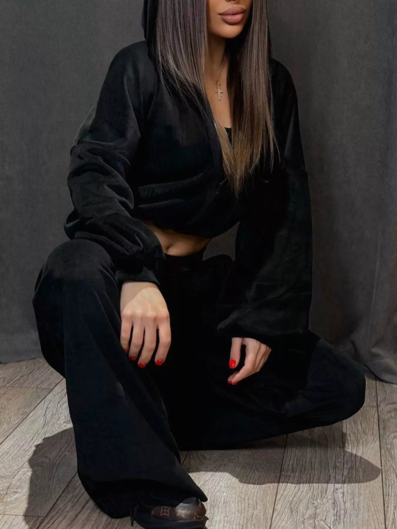 Zip Up Cropped Outerwear and Pants Set - -