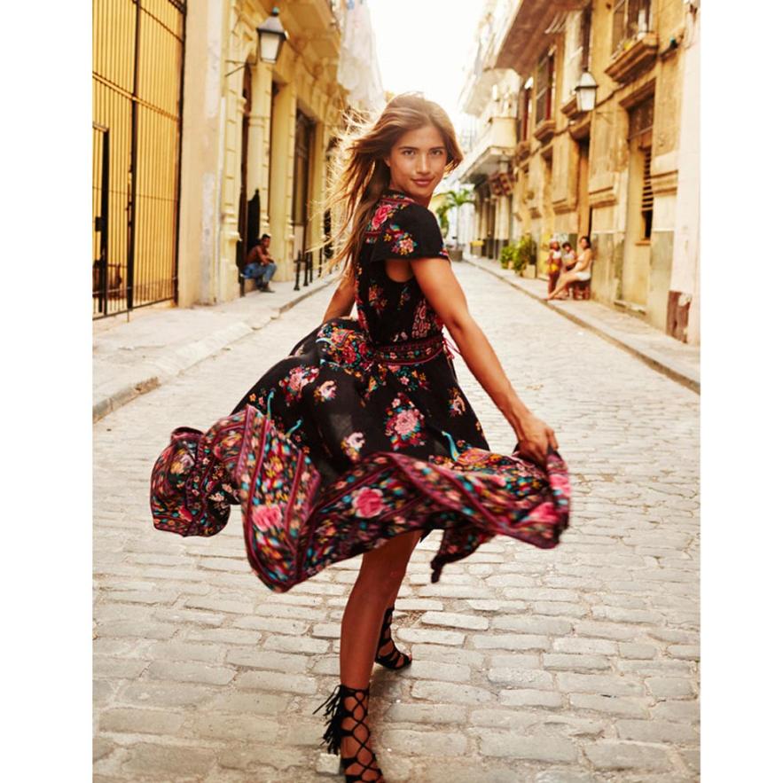 Peacock Print Vintage V-Neck Floral Dress - - dress