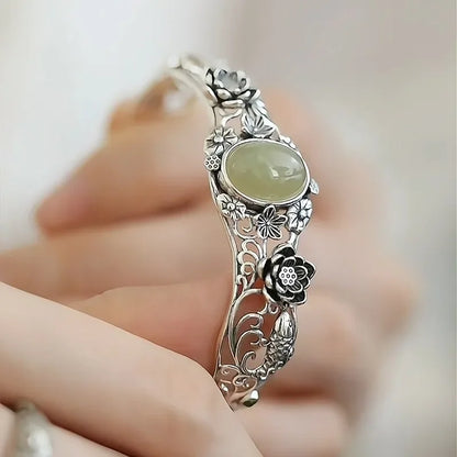 Hotan Green Jade Lotus & Koi Carved Bracelet - - Bracelets