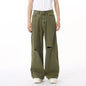 Distressed Wide Leg Jeans with Pockets - Army Green L -