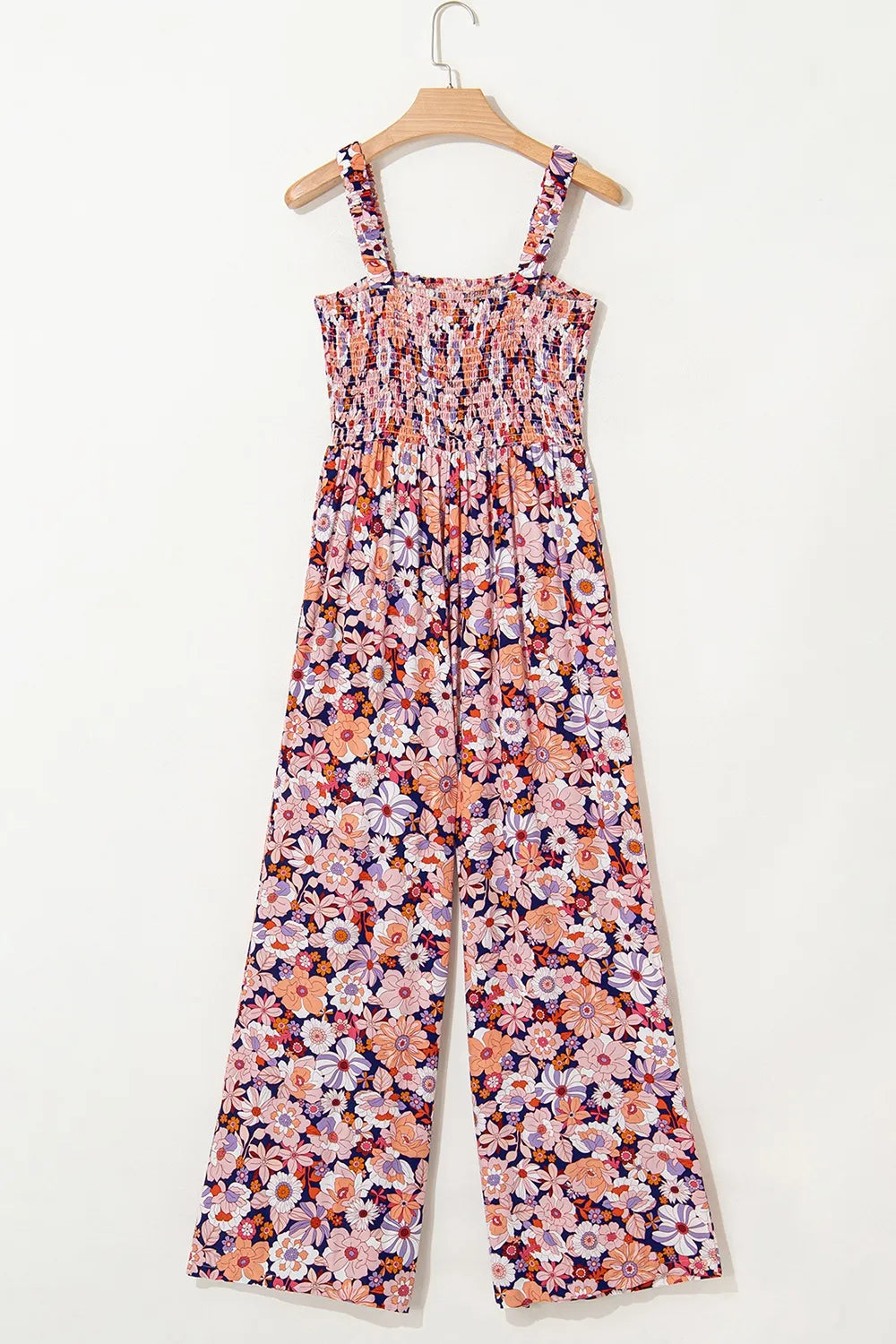 Floral Print Smocked High Waist Square Neck Jumpsuit - -