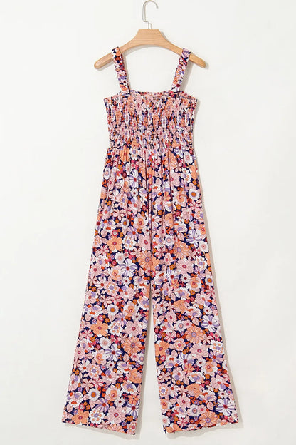 Floral Print Smocked High Waist Square Neck Jumpsuit - -