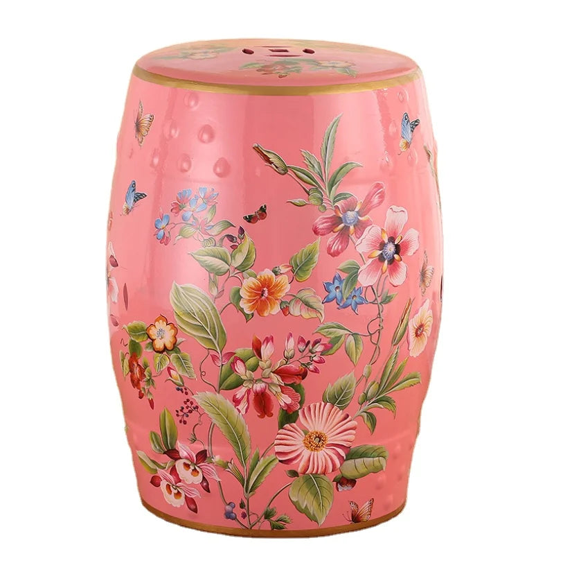 Decorative Drum Ceramic Stools Hand Painted Chinese Flower and Bird Pattern Art