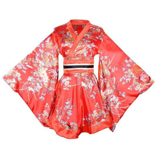 Womens Red Kimono Yukata - Traditional Japanese Dress with Obi Belt - - kimono