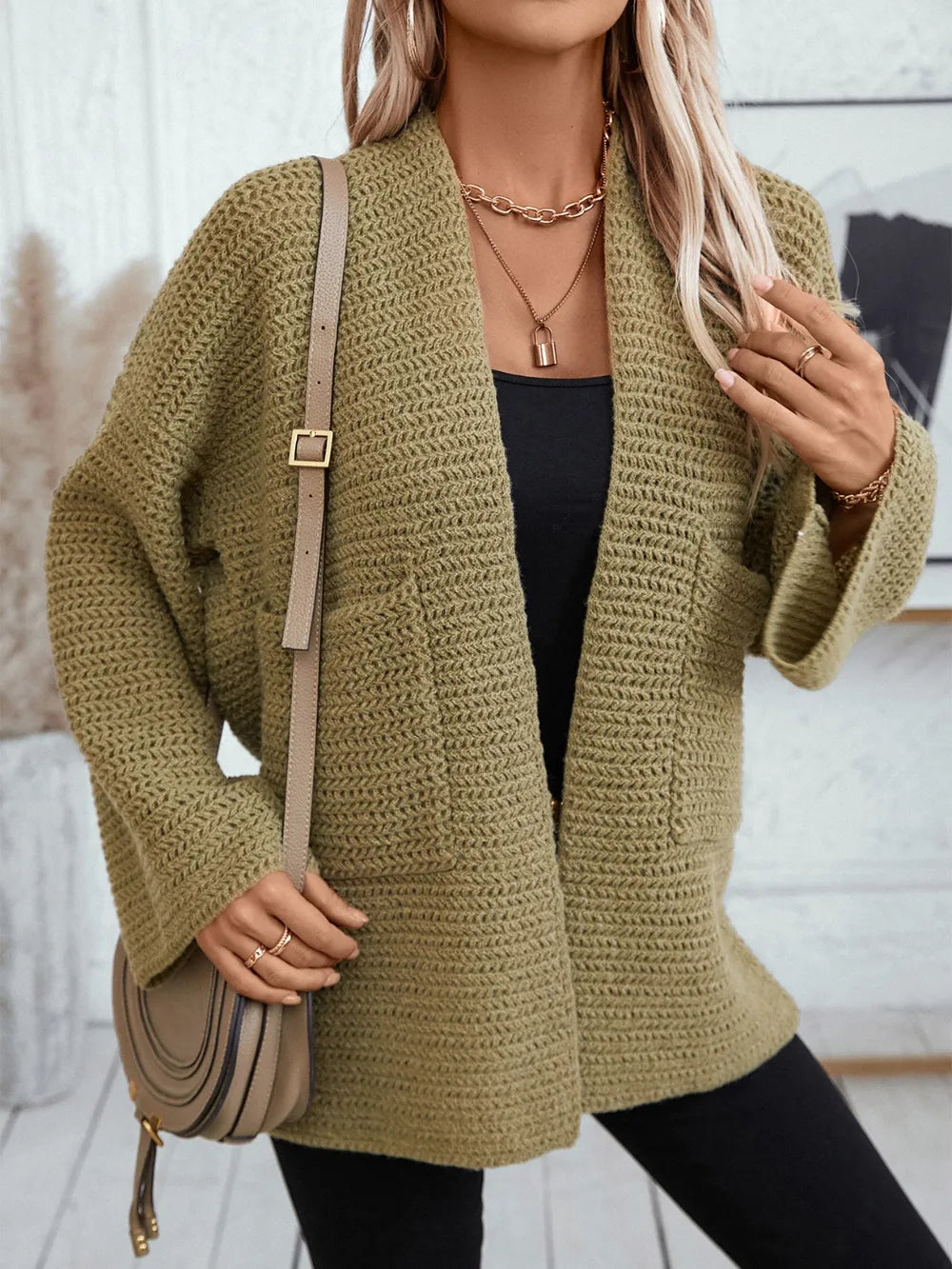 Open Front Long Sleeve Cardigan - -