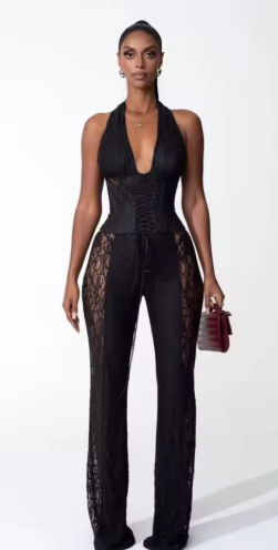 Halter V-Neck Jumpsuit - - jumpsuit