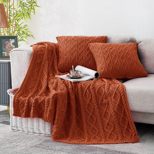 Homiest Cable Knit Throw Blanket and Pillow Set Rust - Rust 50 x 60 Inch Blanket & 18 x 18 Inch Pillow - blanket