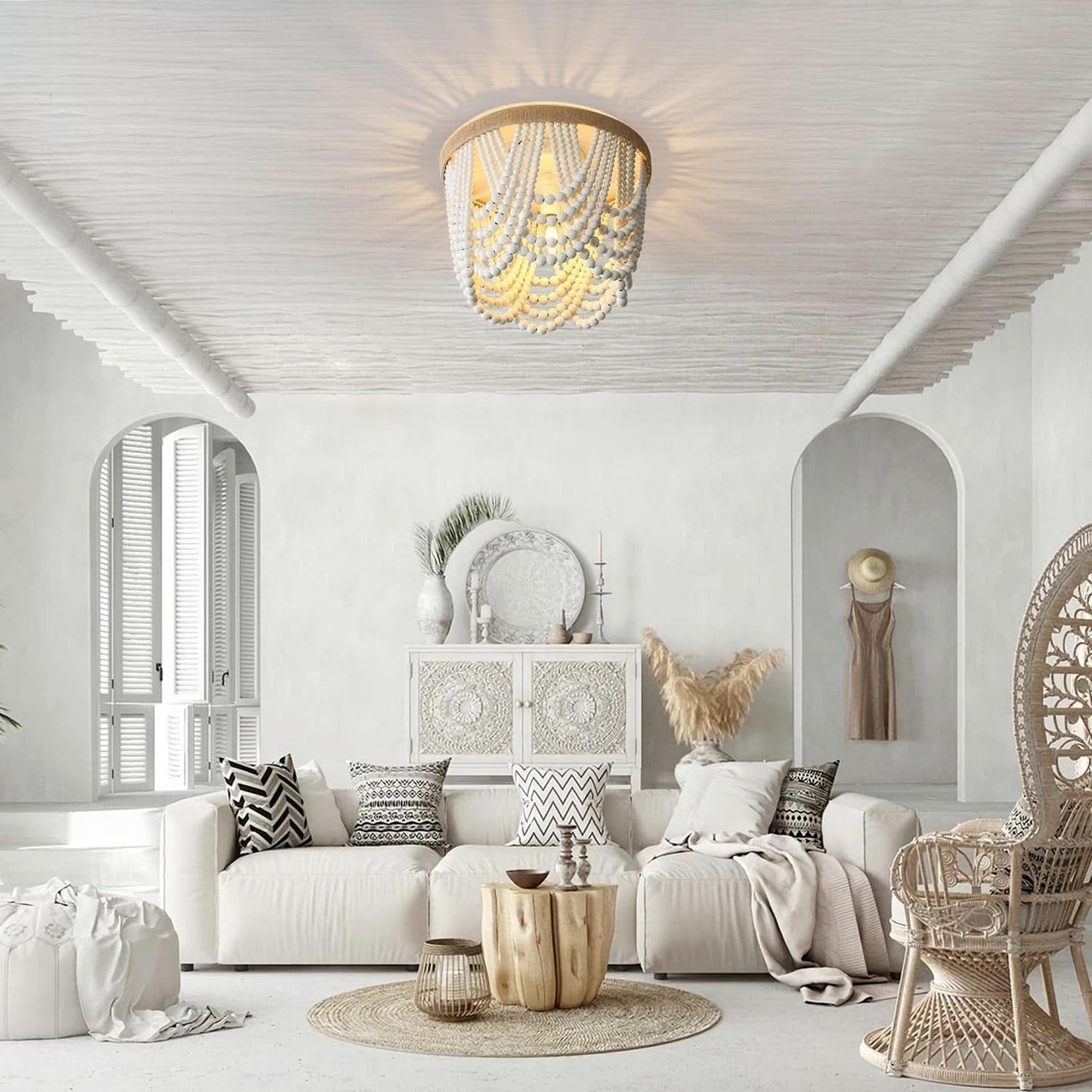 Three Light White Wood Bead Bohemian Chandelier Handmade - -