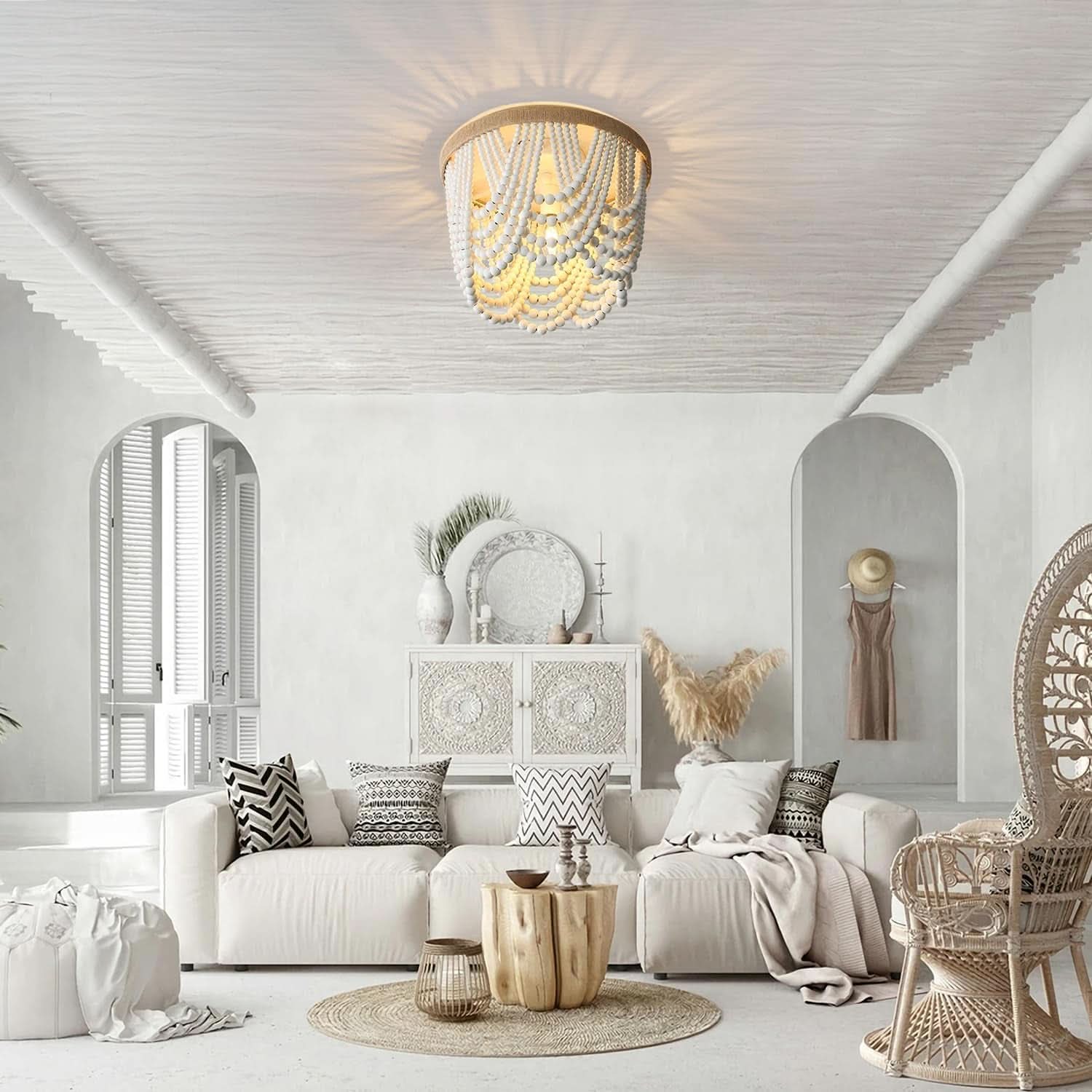 Three Light White Wood Bead Bohemian Chandelier Handmade - -