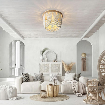 Three Light White Wood Bead Bohemian Chandelier Handmade - -