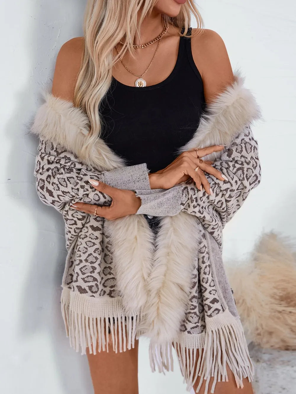 Fringe Leopard Open Front Long Sleeve Poncho - Beige One Size -