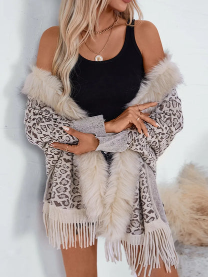 Fringe Leopard Open Front Long Sleeve Poncho - Beige One Size -