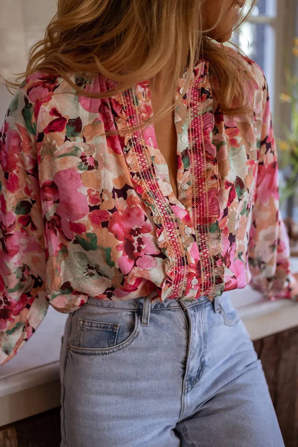 Frill Floral Button Down Long Sleeve Shirt - Pink -