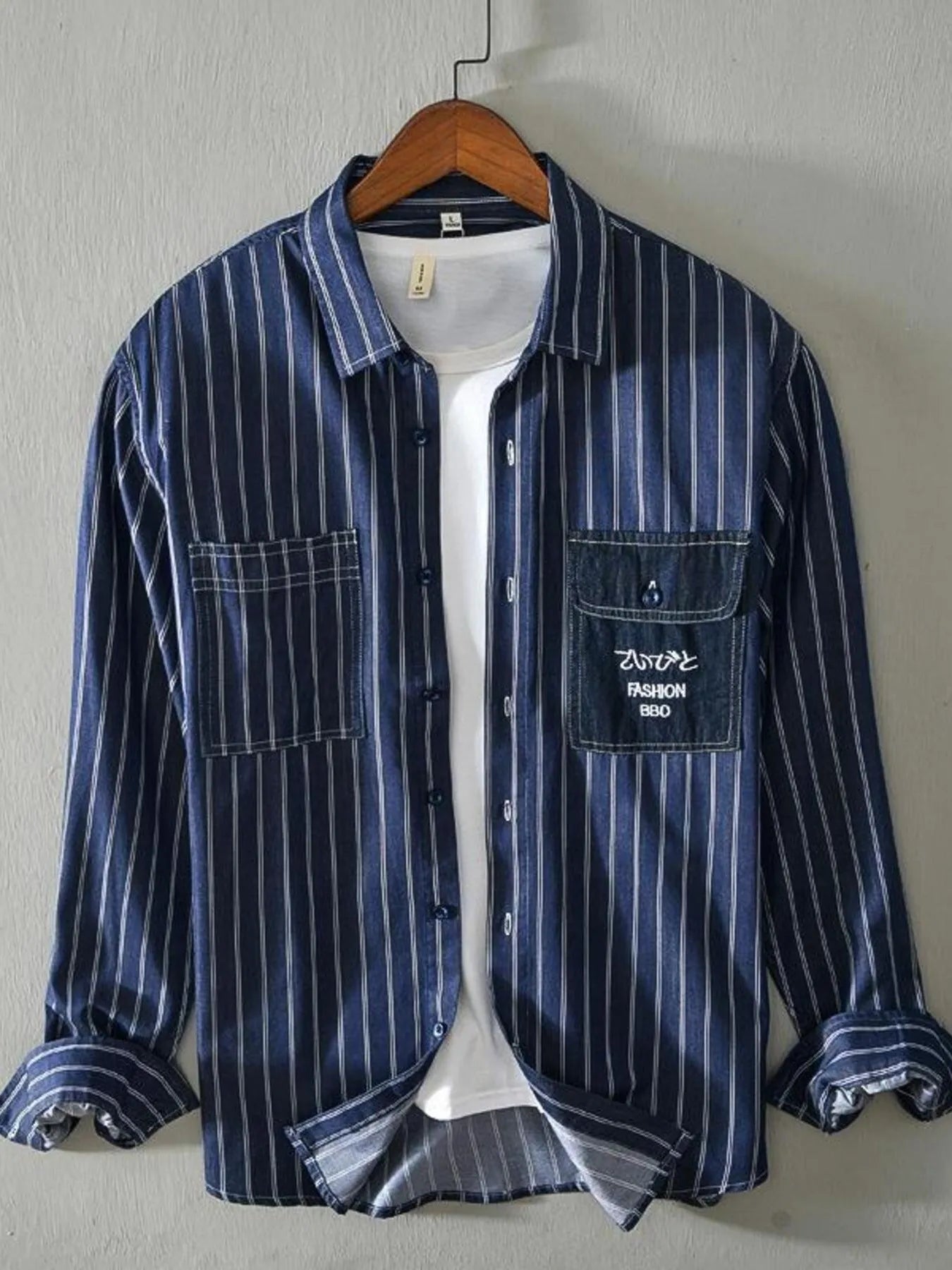 Men's Plus Size Striped Button Up Long Sleeve Shirt - Blue -