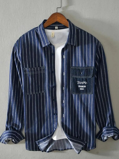 Men's Plus Size Striped Button Up Long Sleeve Shirt - Blue -
