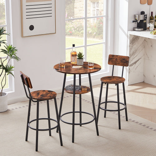 Rustic Brown Round Bar Stool Set with Shelves - Rustic Brown - dining set