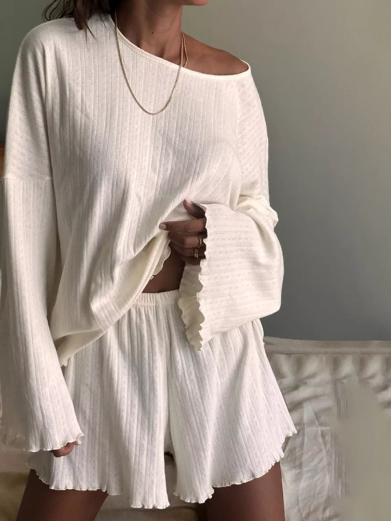 Ribbed Knit Long Sleeve Top and Shorts Lounge Set- Shopimist- {{Product type}}