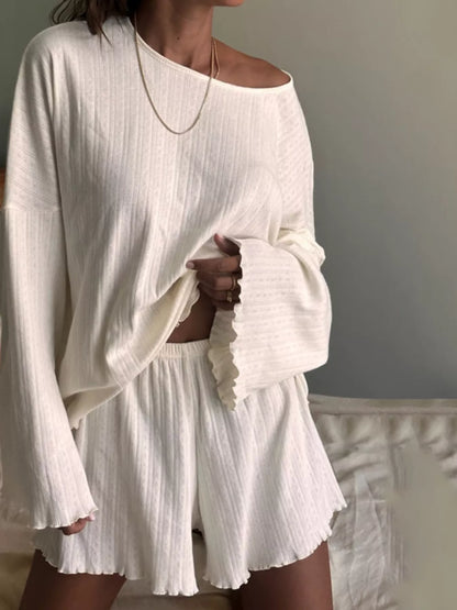 Ribbed Knit Long Sleeve Top and Shorts Lounge Set- Shopimist- {{Product type}}