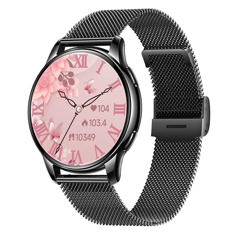 Smart Watch Ladies AMOLED Screen BT Call 300mAh Black- steel strap